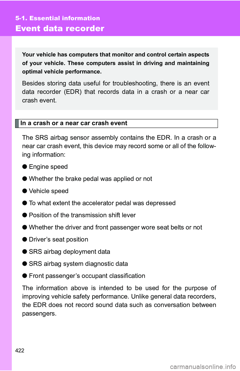 TOYOTA TACOMA 2009 Owners Manual (in English) 422
5-1. Essential information
Event data recorder
In a crash or a near car crash eventThe SRS airbag sensor assembly contains the EDR. In a crash or a
near car crash event, this device may record som TOYOTA TACOMA 2009 Owners Manual (in English) 422
5-1. Essential information
Event data recorder
In a crash or a near car crash eventThe SRS airbag sensor assembly contains the EDR. In a crash or a
near car crash event, this device may record som