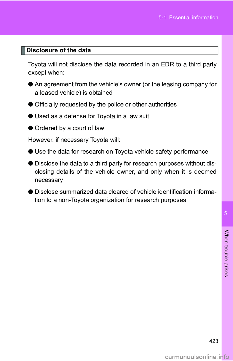 TOYOTA TACOMA 2009 Owners Manual (in English) 5
When trouble arises
423
5-1. Essential information
Disclosure of the data
Toyota will not disclose the data re corded in an EDR to a third party
except when:
● An agreement from the vehicle’s ow TOYOTA TACOMA 2009 Owners Manual (in English) 5
When trouble arises
423
5-1. Essential information
Disclosure of the data
Toyota will not disclose the data re corded in an EDR to a third party
except when:
● An agreement from the vehicle’s ow