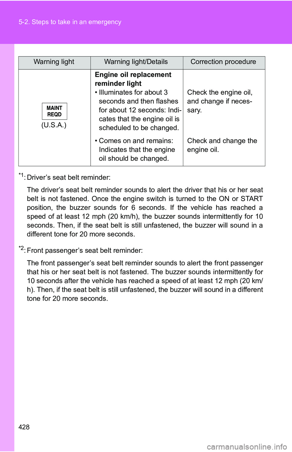 TOYOTA TACOMA 2009 Owners Manual (in English) 428 5-2. Steps to take in an emergency
*1: Driver’s seat belt reminder:The driver’s seat belt reminder sounds to alert the driver that his or her seat
belt is not fastened. Once the engine switch TOYOTA TACOMA 2009 Owners Manual (in English) 428 5-2. Steps to take in an emergency
*1: Driver’s seat belt reminder:The driver’s seat belt reminder sounds to alert the driver that his or her seat
belt is not fastened. Once the engine switch