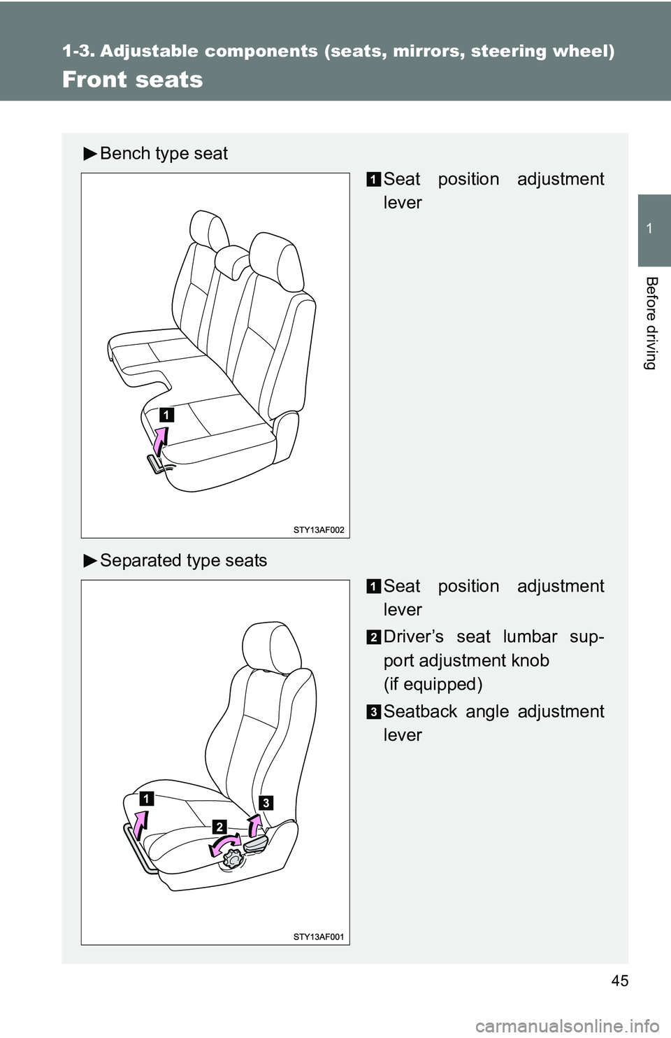 TOYOTA TACOMA 2009   (in English) Service Manual 45
1
Before driving
1-3. Adjustable components (seats, mirrors, steering wheel)
Front seats
Bench type seat
Seat position adjustment
lever
Separated type seats Seat position adjustment
lever
Driver’