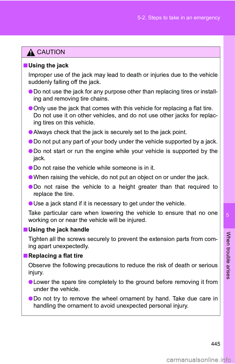 TOYOTA TACOMA 2009  Owners Manual (in English) 5
When trouble arises
445
5-2. Steps to take in an emergency
CAUTION
■Using the jack
Improper use of the jack may lead to death or injuries due to the vehicle
suddenly falling off the jack.
●Do no