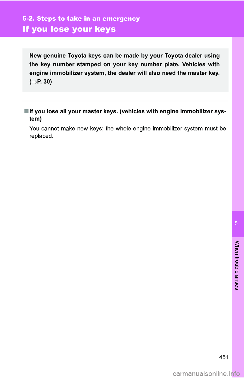 TOYOTA TACOMA 2009 Owners Manual (in English) 5
When trouble arises
451
5-2. Steps to take in an emergency
If you lose your keys
■If you lose all your master keys. ( vehicles with engine immobilizer sys-
tem)
You cannot make new keys; the whole TOYOTA TACOMA 2009 Owners Manual (in English) 5
When trouble arises
451
5-2. Steps to take in an emergency
If you lose your keys
■If you lose all your master keys. ( vehicles with engine immobilizer sys-
tem)
You cannot make new keys; the whole