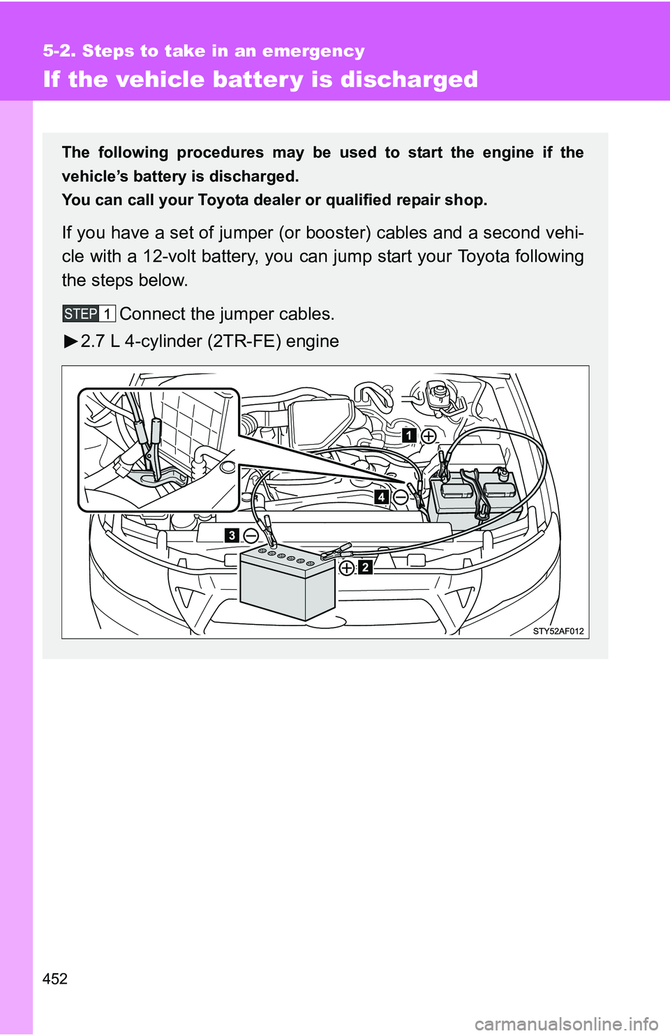 TOYOTA TACOMA 2009 Owners Manual (in English) 452
5-2. Steps to take in an emergency
If the vehicle batter y is discharged
The following procedures may be used to start the engine if the
vehicle’s battery is discharged.
You can call your Toyota TOYOTA TACOMA 2009 Owners Manual (in English) 452
5-2. Steps to take in an emergency
If the vehicle batter y is discharged
The following procedures may be used to start the engine if the
vehicle’s battery is discharged.
You can call your Toyota
