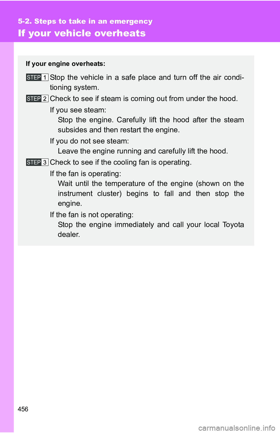 TOYOTA TACOMA 2009 Owners Manual (in English) 456
5-2. Steps to take in an emergency
If your vehicle overheats
If your engine overheats:
Stop the vehicle in a safe place and turn off the air condi-
tioning system.
Check to see if steam is coming TOYOTA TACOMA 2009 Owners Manual (in English) 456
5-2. Steps to take in an emergency
If your vehicle overheats
If your engine overheats:
Stop the vehicle in a safe place and turn off the air condi-
tioning system.
Check to see if steam is coming