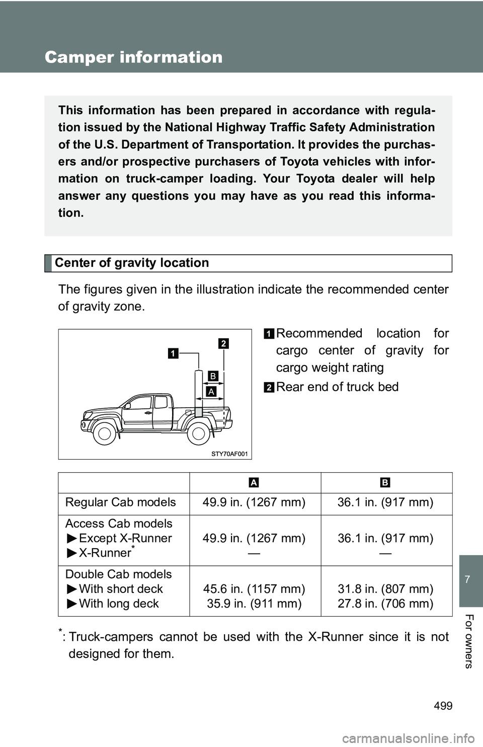 TOYOTA TACOMA 2009 Owners Manual (in English) 499
7
For owners
Camper information
Center of gravity locationThe figures given in the illustration indicate the recommended center
of gravity zone. Recommended location for
cargo center of gravity fo TOYOTA TACOMA 2009 Owners Manual (in English) 499
7
For owners
Camper information
Center of gravity locationThe figures given in the illustration indicate the recommended center
of gravity zone. Recommended location for
cargo center of gravity fo