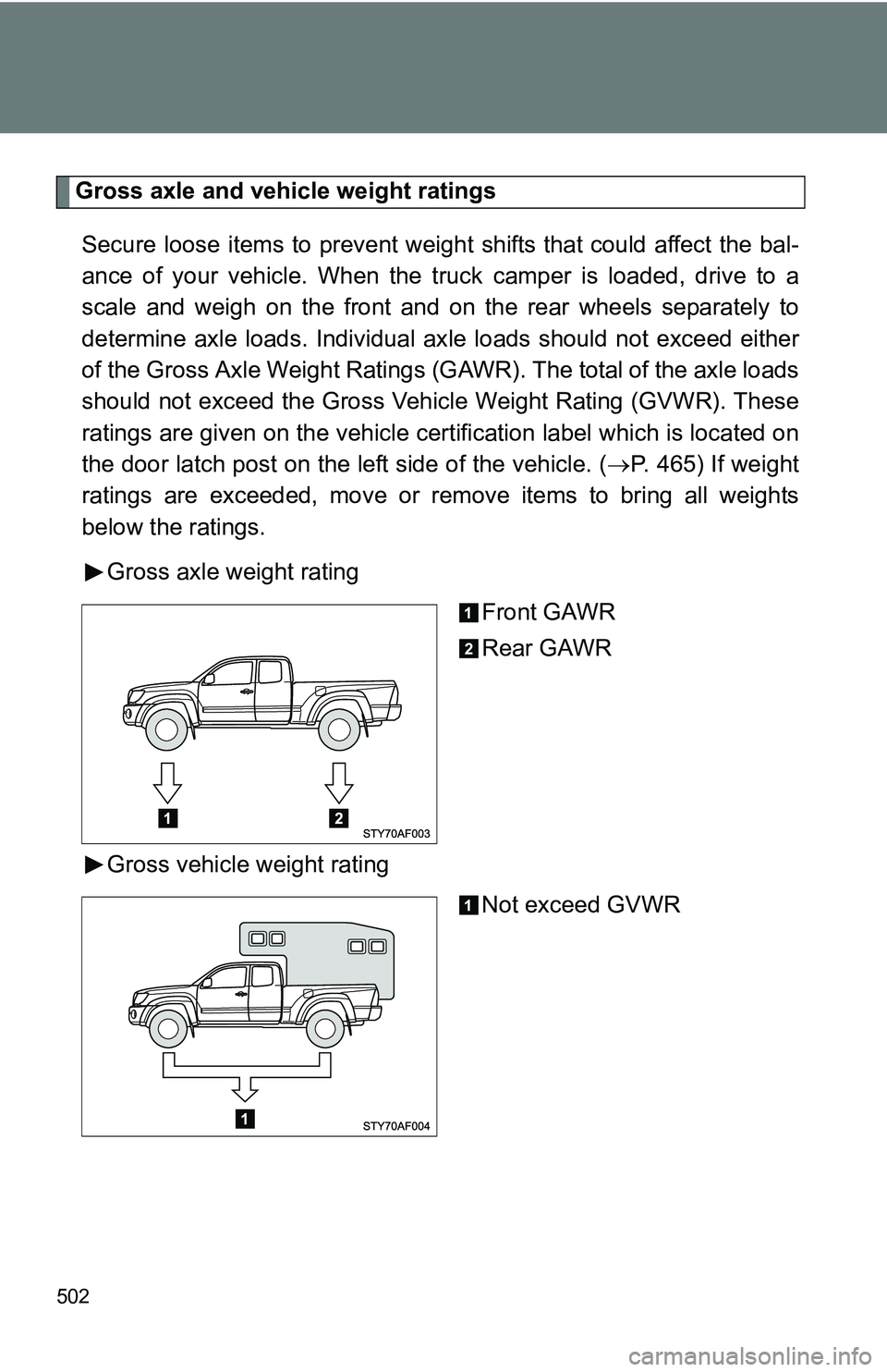 TOYOTA TACOMA 2009  Owners Manual (in English) 502
Gross axle and vehicle weight ratingsSecure loose items to prevent weight shifts that could affect the bal-
ance of your vehicle. When the truck camper is loaded, drive to a
scale and weigh on the