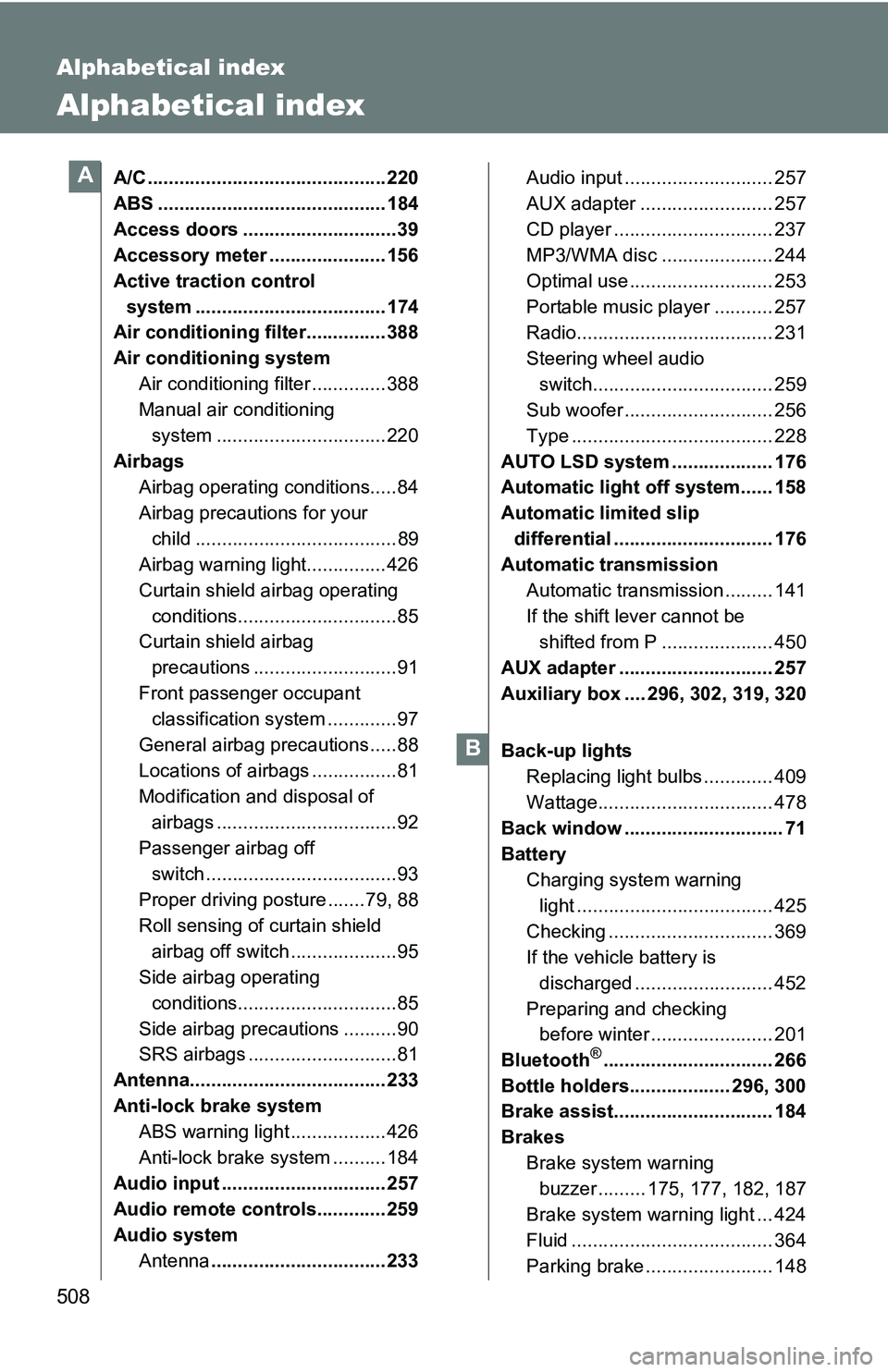 TOYOTA TACOMA 2009  Owners Manual (in English) 508
Alphabetical index
Alphabetical index
A/C ............................................. 220
ABS ........................................... 184
Access doors .............................39
Accesso
