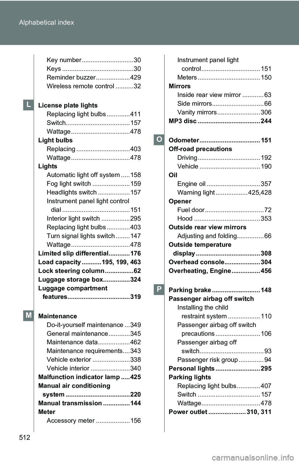 TOYOTA TACOMA 2009 Owners Manual (in English) 512 Alphabetical index
Key number .............................30
Keys ........................................30
Reminder buzzer ................... 429
Wireless remote control ..........32
License p TOYOTA TACOMA 2009 Owners Manual (in English) 512 Alphabetical index
Key number .............................30
Keys ........................................30
Reminder buzzer ................... 429
Wireless remote control ..........32
License p