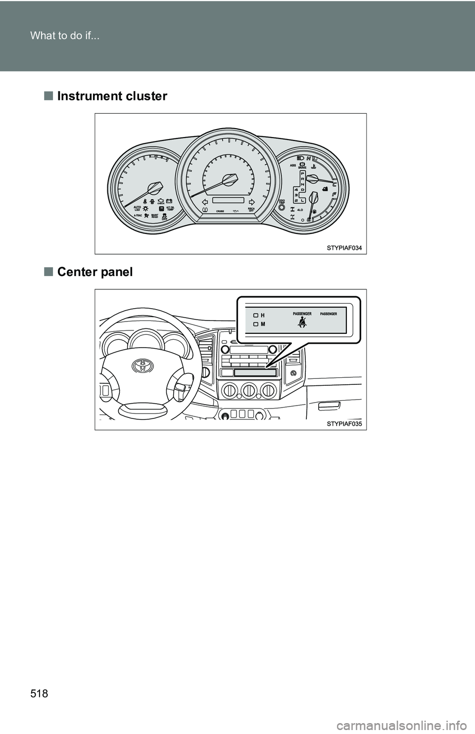 TOYOTA TACOMA 2009 Owners Manual (in English) 518 What to do if...
■Instrument cluster
■ Center panel TOYOTA TACOMA 2009 Owners Manual (in English) 518 What to do if...
■Instrument cluster
■ Center panel