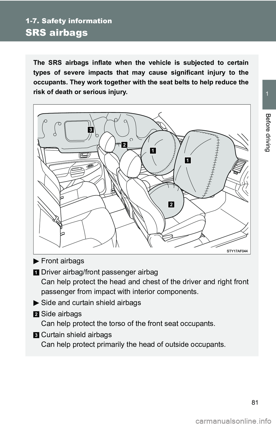 TOYOTA TACOMA 2009 (in English) Manual Online 81
1
1-7. Safety information
Before driving
SRS airbags
The SRS airbags inflate when the vehicle is subjected to certain
types of severe impacts that may cause significant injury to the
occupants. Th TOYOTA TACOMA 2009 (in English) Manual Online 81
1
1-7. Safety information
Before driving
SRS airbags
The SRS airbags inflate when the vehicle is subjected to certain
types of severe impacts that may cause significant injury to the
occupants. Th
