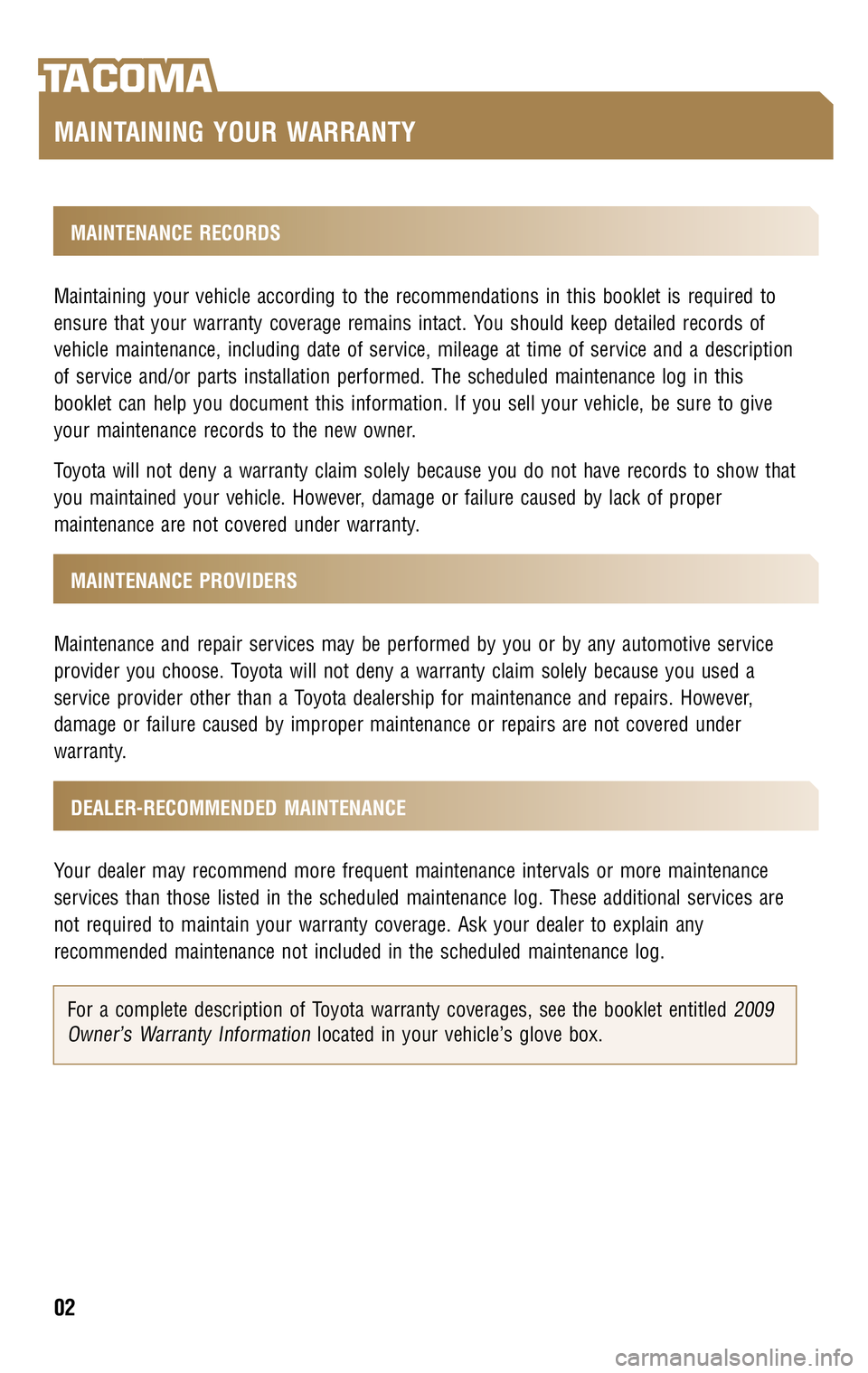 TOYOTA TACOMA 2009 Warranties & Maintenance Guides (in English) TOYOTA TACOMA 2009 Warranties & Maintenance Guides (in English)