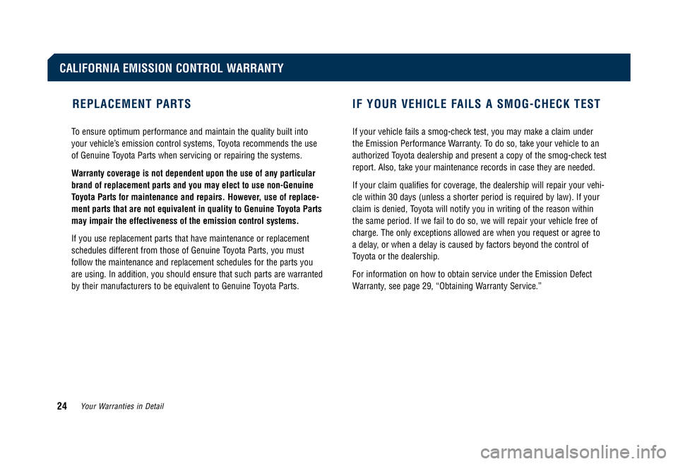 TOYOTA TACOMA 2009 Warranties & Maintenance Guides (in English) If a Toyota dealership is unable to complete repairs on your vehicle
within 30 days, you may have the repairs made under Toyota’s
provisions for emergency warranty repairs. See page 29 for detail TOYOTA TACOMA 2009 Warranties & Maintenance Guides (in English) If a Toyota dealership is unable to complete repairs on your vehicle
within 30 days, you may have the repairs made under Toyota’s
provisions for emergency warranty repairs. See page 29 for detail