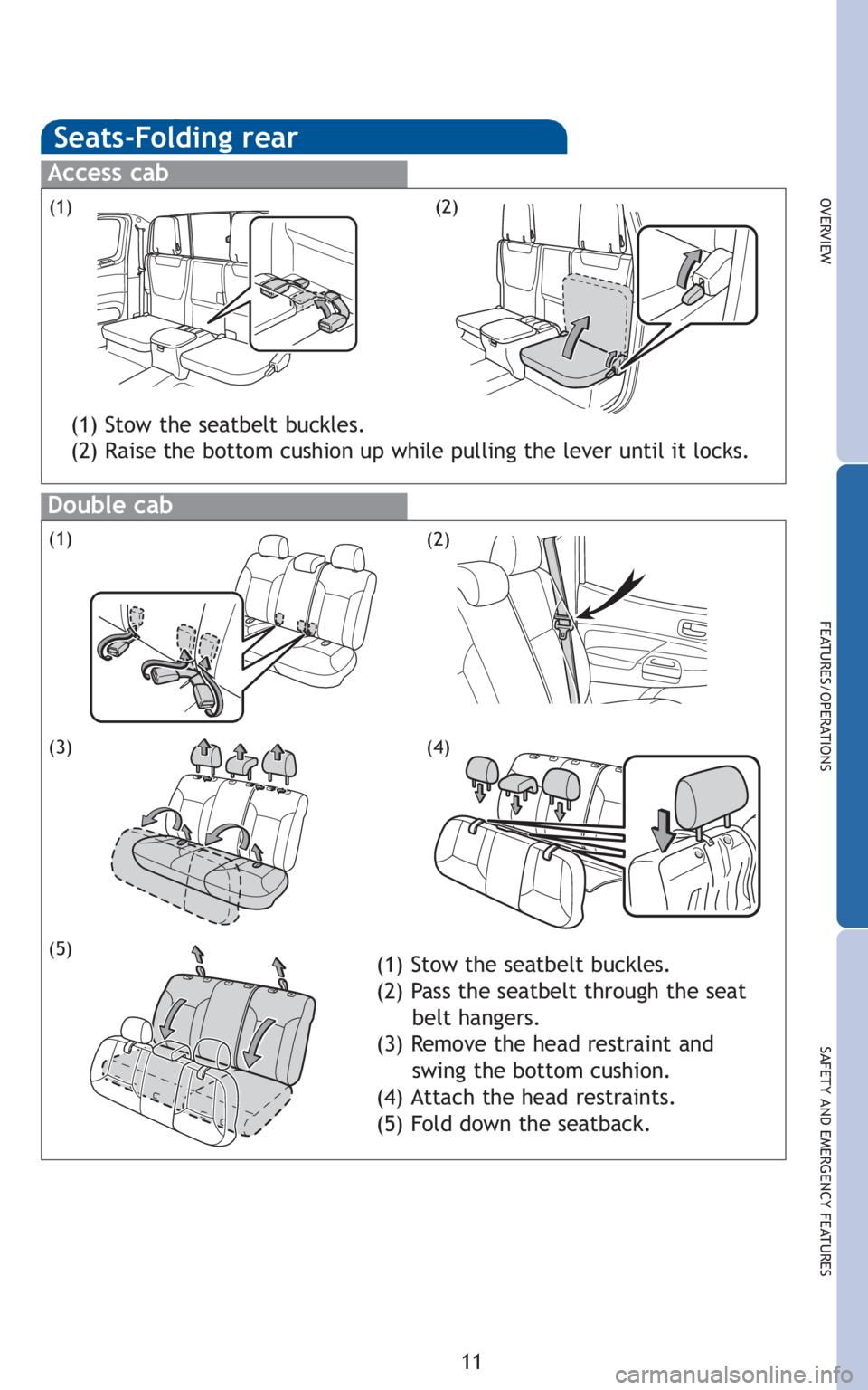 TOYOTA TACOMA 2010   (in English) User Guide 11
OVERVIEW
FEATURES/OPERATIONS
SAFETY AND EMERGENCY FEATURES
Seats-Folding rear
Access cab
Double cab
(1)(2)
(1) Stow the seatbelt buckles.
(2) Raise the bottom cushion up while pulling the lever unt