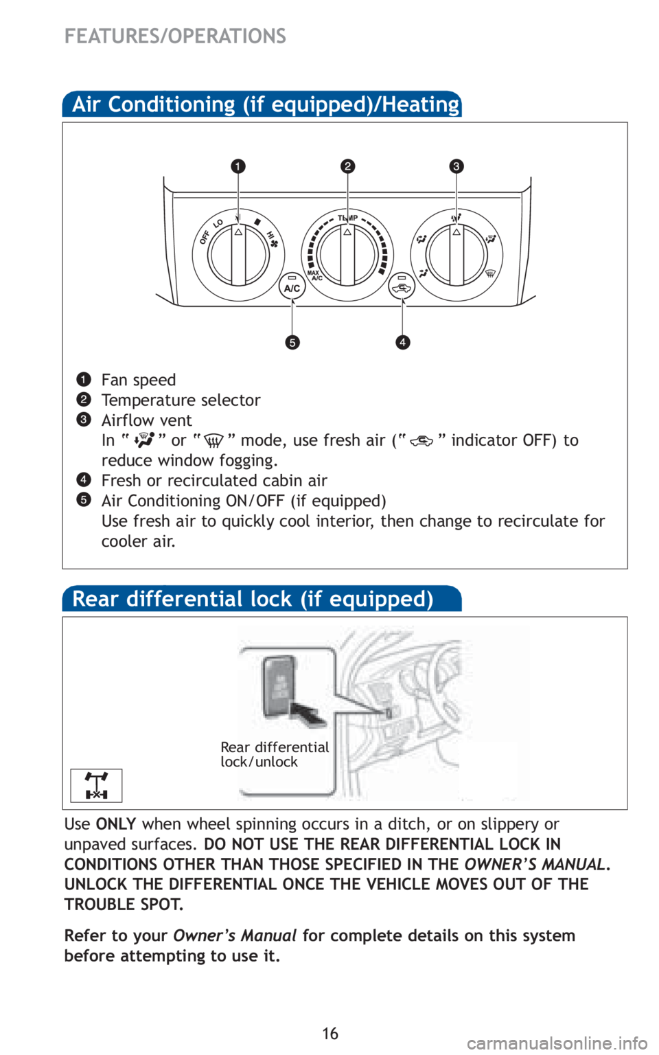 TOYOTA TACOMA 2010  Owners Manual (in English) 16
FEATURES/OPERATIONS
Air Conditioning (if equipped)/Heating 
Fan speed
Temperature selector
Airflow vent
In “ ” or “ ” mode, use fresh air (“ ” indicator OFF) to
reduce window fogging.
F