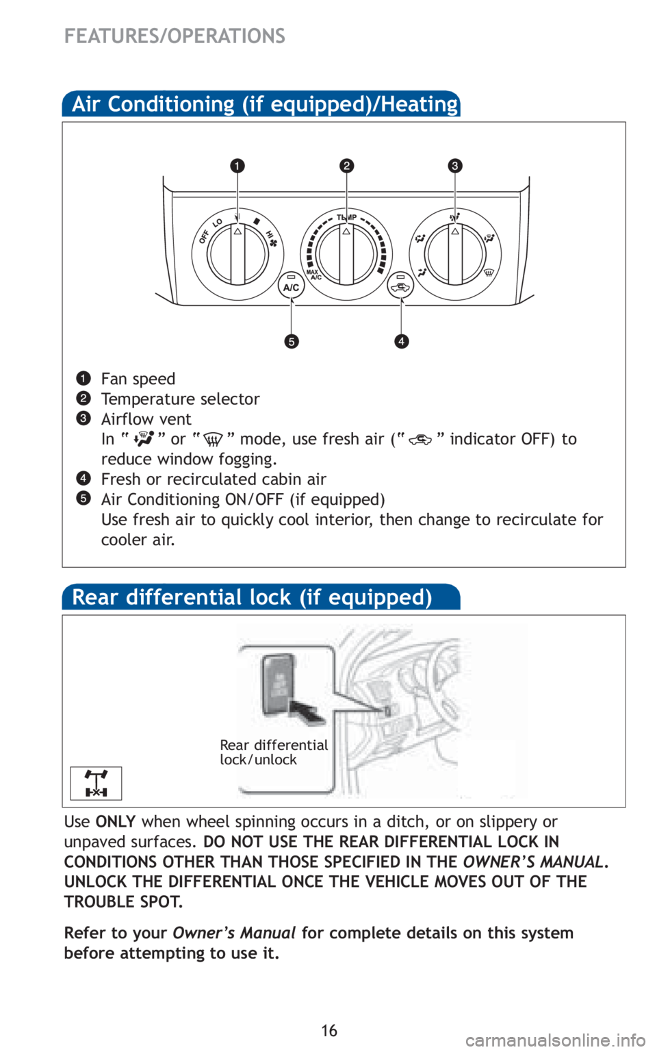 TOYOTA TACOMA 2010   (in English) User Guide 16
FEATURES/OPERATIONS
Air Conditioning (if equipped)/Heating 
Fan speed
Temperature selector
Airflow vent
In “ ” or “ ” mode, use fresh air (“ ” indicator OFF) to
reduce window fogging.
F