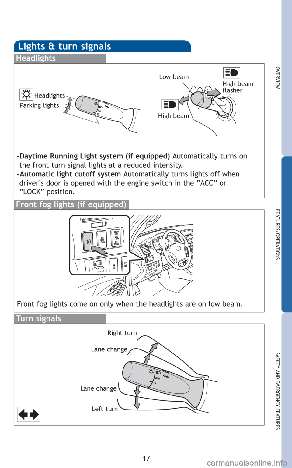 TOYOTA TACOMA 2010 Owners Manual (in English) 17
OVERVIEW
FEATURES/OPERATIONS
SAFETY AND EMERGENCY FEATURES
Lights & turn signals
Turn signals
Headlights
High beam
flasher Low beam
Front fog lights (if equipped)
Headlights
-Daytime Running Light TOYOTA TACOMA 2010 Owners Manual (in English) 17
OVERVIEW
FEATURES/OPERATIONS
SAFETY AND EMERGENCY FEATURES
Lights & turn signals
Turn signals
Headlights
High beam
flasher Low beam
Front fog lights (if equipped)
Headlights
-Daytime Running Light