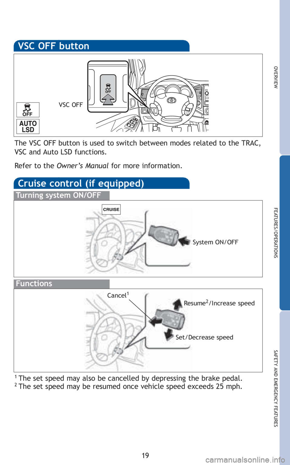TOYOTA TACOMA 2010   (in English) Owners Manual 19
OVERVIEW
FEATURES/OPERATIONS
SAFETY AND EMERGENCY FEATURES
VSC OFF
The VSC OFF button is used to switch between modes related to the TRAC,
VSC and Auto LSD functions.
Refer to the Owner’s Manualf