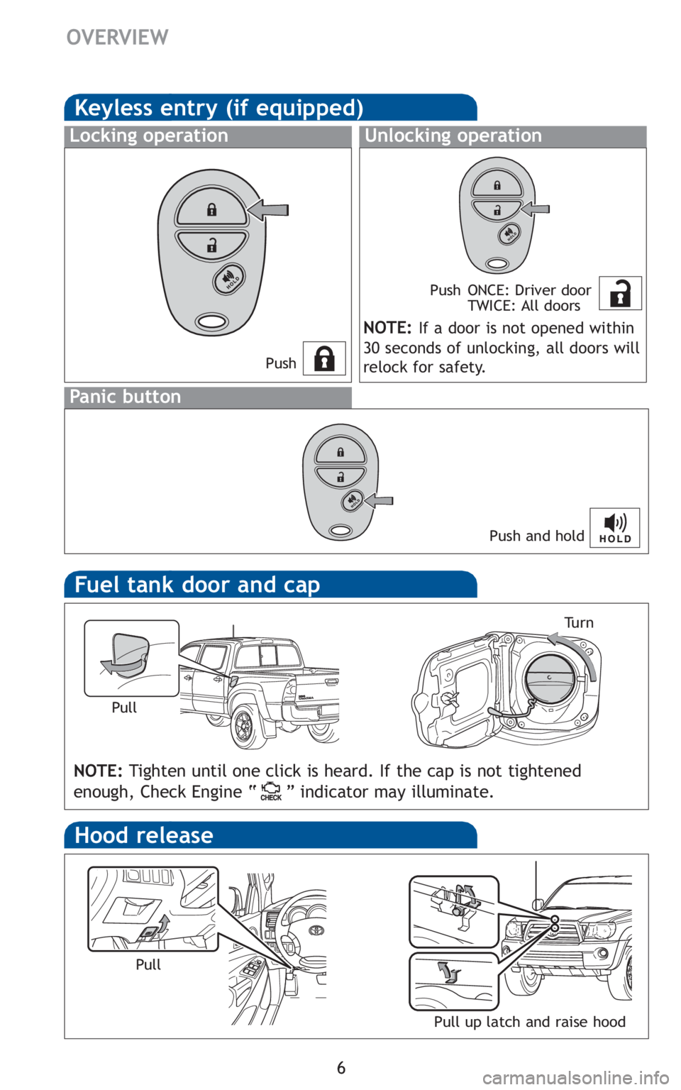 TOYOTA TACOMA 2010 Owners Manual (in English) 6
OVERVIEW
Fuel tank door and cap
Hood release
NOTE:Tighten until one click is heard. If the cap is not tightened
enough, Check Engine “ ” indicator may illuminate.
Pull up latch and raise hoodTu TOYOTA TACOMA 2010 Owners Manual (in English) 6
OVERVIEW
Fuel tank door and cap
Hood release
NOTE:Tighten until one click is heard. If the cap is not tightened
enough, Check Engine “ ” indicator may illuminate.
Pull up latch and raise hoodTu
