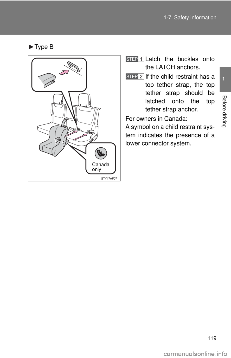 TOYOTA TACOMA 2010 Owners Manual (in English) 119 1-7. Safety information
1
Before driving
Type B
Latch the buckles onto
the LATCH anchors.
If the child restraint has a
top tether strap, the top
tether strap should be
latched onto the top
tether TOYOTA TACOMA 2010 Owners Manual (in English) 119 1-7. Safety information
1
Before driving
Type B
Latch the buckles onto
the LATCH anchors.
If the child restraint has a
top tether strap, the top
tether strap should be
latched onto the top
tether