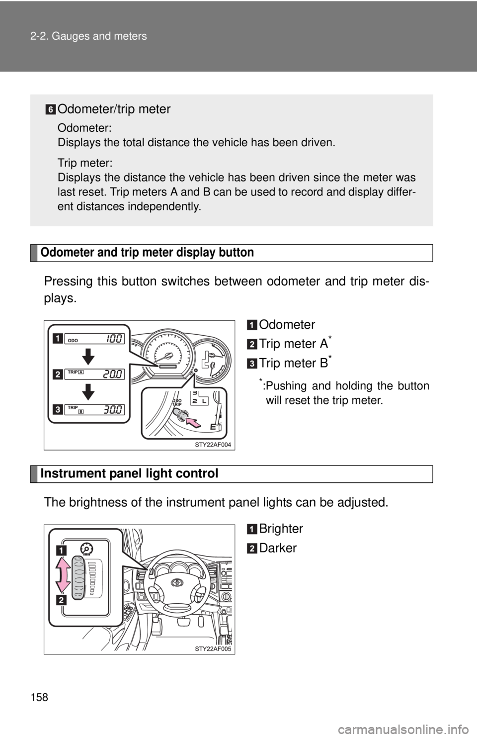 TOYOTA TACOMA 2010  Owners Manual (in English) 158 2-2. Gauges and meters
Odometer and trip meter display button 
Pressing this button switches between odometer and trip meter dis-
plays.
Odometer
Trip meter A
*
Trip meter B*
*:Pushing and holding