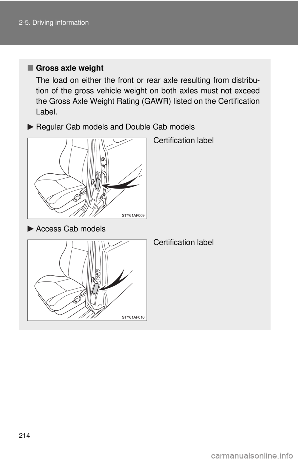 TOYOTA TACOMA 2010 Owners Manual (in English) 214 2-5. Driving information
■Gross axle weight
The load on either the front or rear axle resulting from distribu-
tion of the gross vehicle weight on both axles must not exceed
the Gross Axle Weigh TOYOTA TACOMA 2010 Owners Manual (in English) 214 2-5. Driving information
■Gross axle weight
The load on either the front or rear axle resulting from distribu-
tion of the gross vehicle weight on both axles must not exceed
the Gross Axle Weigh