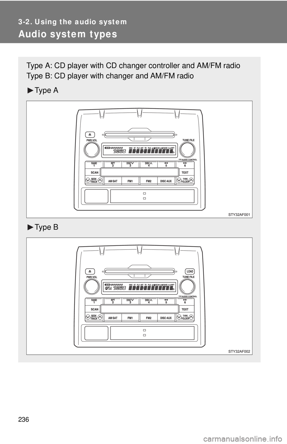 TOYOTA TACOMA 2010  Owners Manual (in English) 236
3-2. Using the audio system
Audio system types 
Type A: CD player with CD changer controller and AM/FM radio
Type B: CD player with changer and AM/FM radio
Ty p e  A
Ty p e  B 