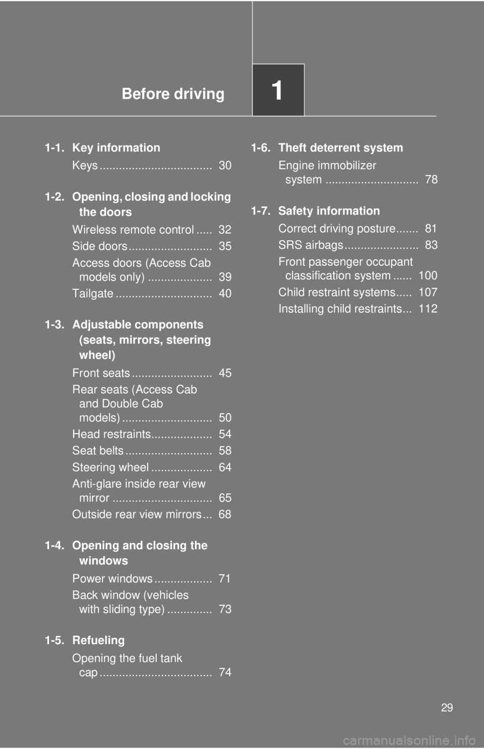 TOYOTA TACOMA 2010 (in English) Owners Manual Before driving1
29
1-1. Key information
Keys ................................... 30
1-2. Opening, closing and locking
the doors
Wireless remote control ..... 32
Side doors ......................... TOYOTA TACOMA 2010 (in English) Owners Manual Before driving1
29
1-1. Key information
Keys ................................... 30
1-2. Opening, closing and locking
the doors
Wireless remote control ..... 32
Side doors .........................