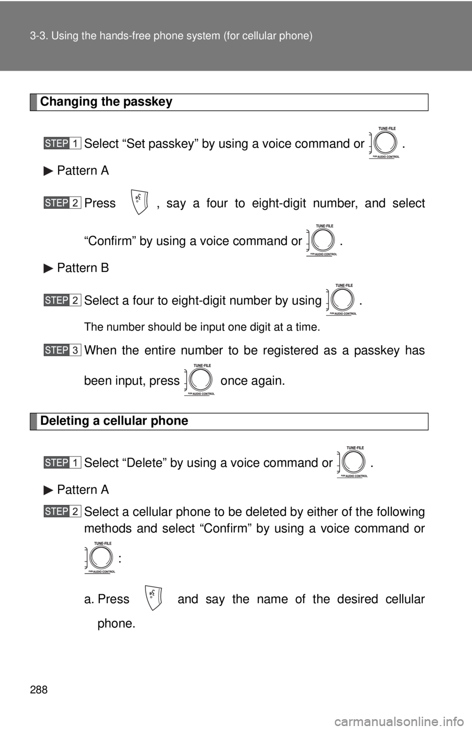 TOYOTA TACOMA 2010  Owners Manual (in English) 288 3-3. Using the hands-free phone system (for cellular phone)
Changing the passkey
Select “Set passkey” by using a voice command or  .
Pattern A
Press  , say a four to eight-digit number, and se