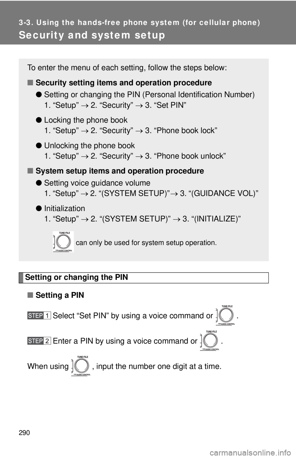 TOYOTA TACOMA 2010  Owners Manual (in English) 290
3-3. Using the hands-free phone system (for cellular phone)
Security and system setup
Setting or changing the PIN
■Setting a PIN
Select “Set PIN” by using a voice command or  .
Enter a PIN b