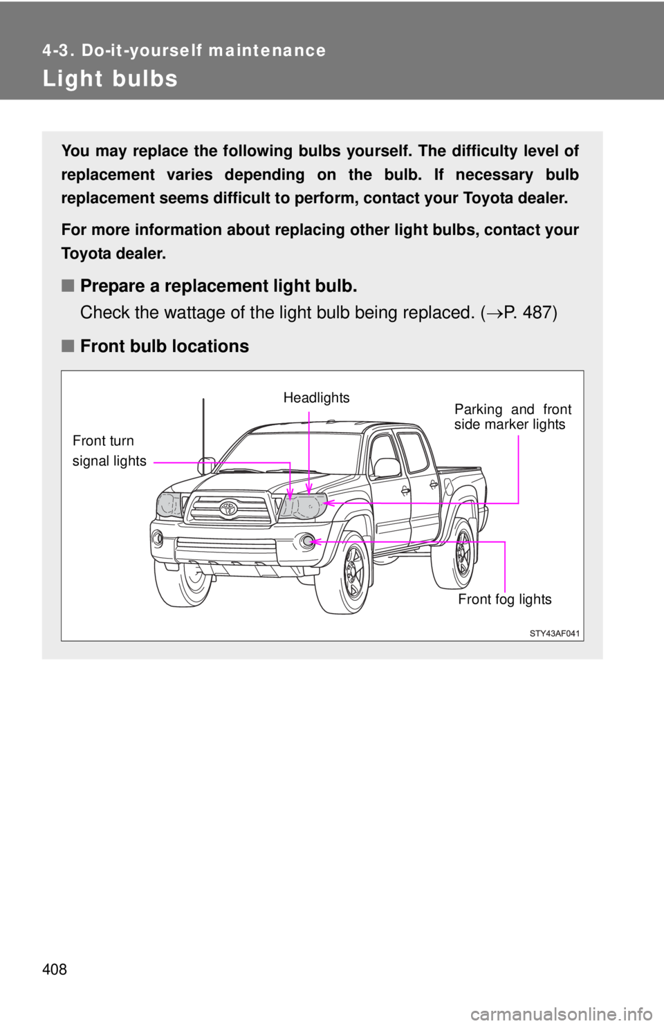 TOYOTA TACOMA 2010  Owners Manual (in English) 408
4-3. Do-it-yourself maintenance
Light bulbs
You may replace the following bulbs yourself. The difficulty level of
replacement varies depending on the bulb. If necessary bulb
replacement seems diff