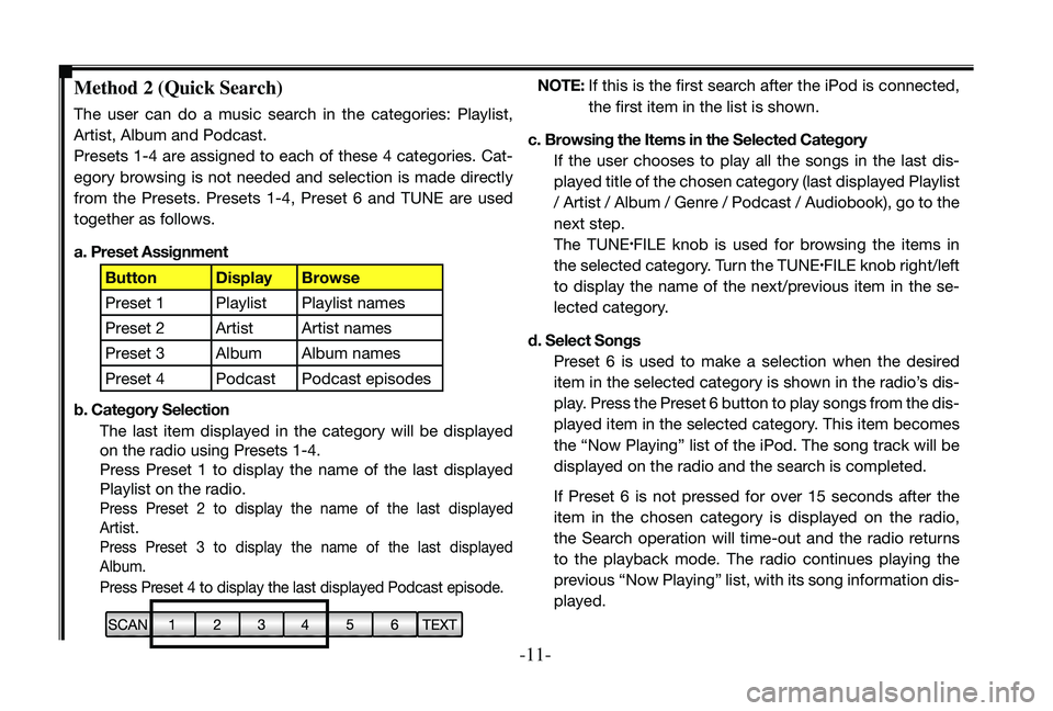 TOYOTA TACOMA 2010  Accessories, Audio & Navigation (in English) 
-11-

method 2 (Quick Search)
The  user  can  do  a  music  search  in  the  categories:  Playlist, 
Artist, Album and Podcast. 
Presets 1-4 are assigned to each of these 4 categories. Cat-
egory bro