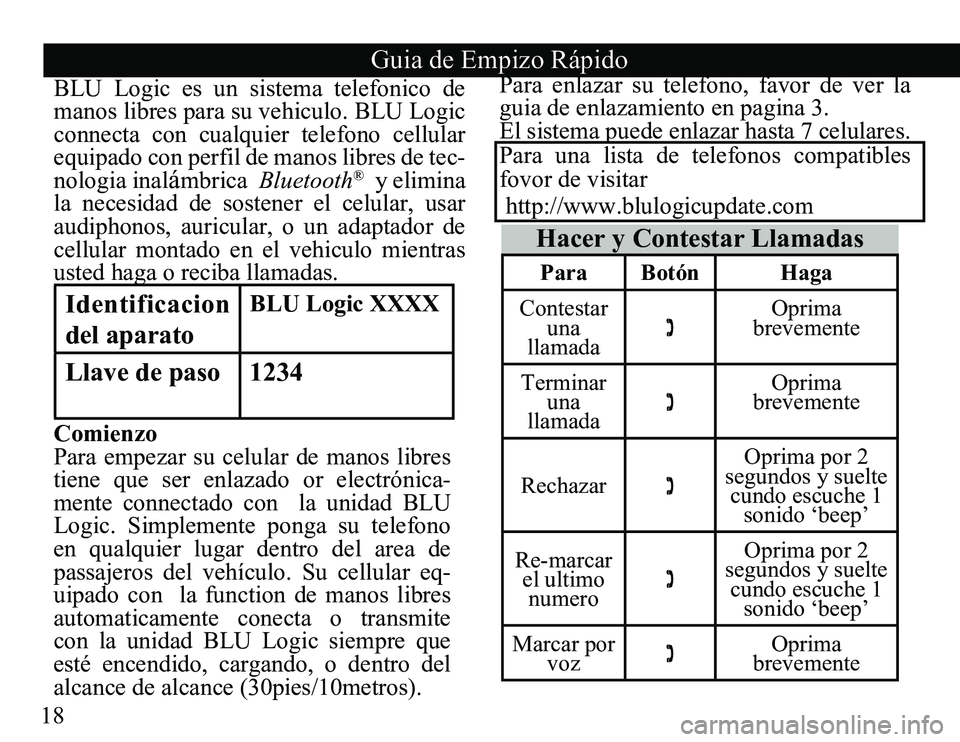 TOYOTA TACOMA 2010  Accessories, Audio & Navigation (in English) 18Comienzo
Para  empezar  su  celular  de  manos  libres 
tiene  que  ser  enlazado  or  electrónica
-
mente  connectado  con    la  unidad  BLU 
Logic.  Simplemente  ponga  su  telefono 
en  qualqui