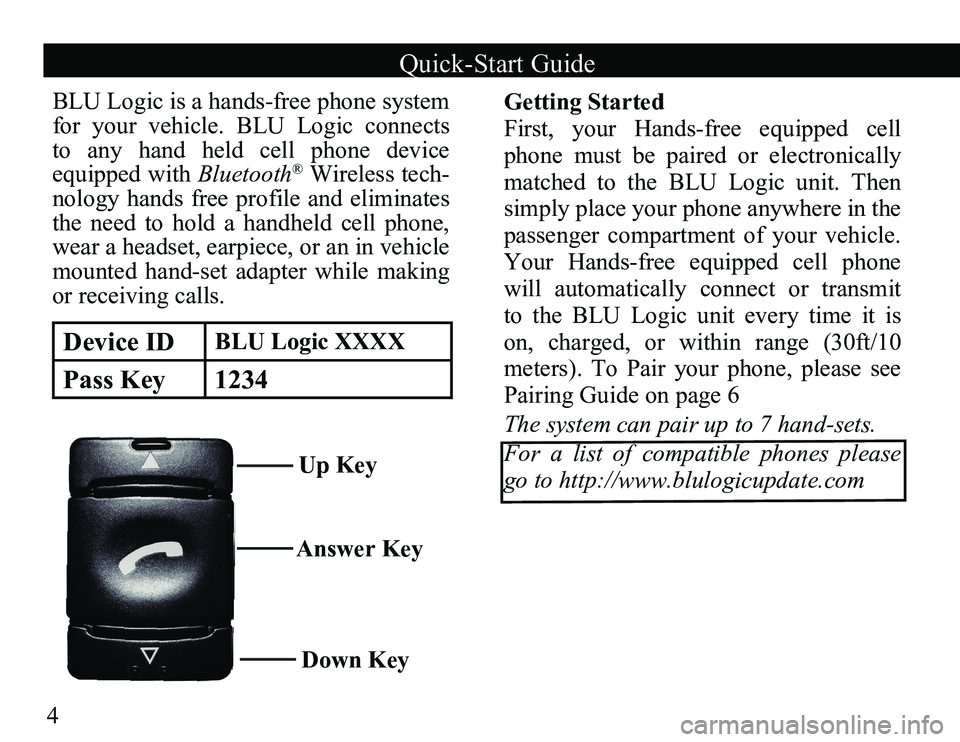 TOYOTA TACOMA 2010 Accessories, Audio & Navigation (in English) 4
Answer KeyDown Key
Device IDBLU Logic XXXX
Pass Key 1234
Up Key
BLU Logic is a hands-free phone system
for your vehicle. BLU Logic connects
to any hand held cell phone device
equippe TOYOTA TACOMA 2010 Accessories, Audio & Navigation (in English) 4
Answer KeyDown Key
Device IDBLU Logic XXXX
Pass Key 1234
Up Key
BLU Logic is a hands-free phone system
for your vehicle. BLU Logic connects
to any hand held cell phone device
equippe