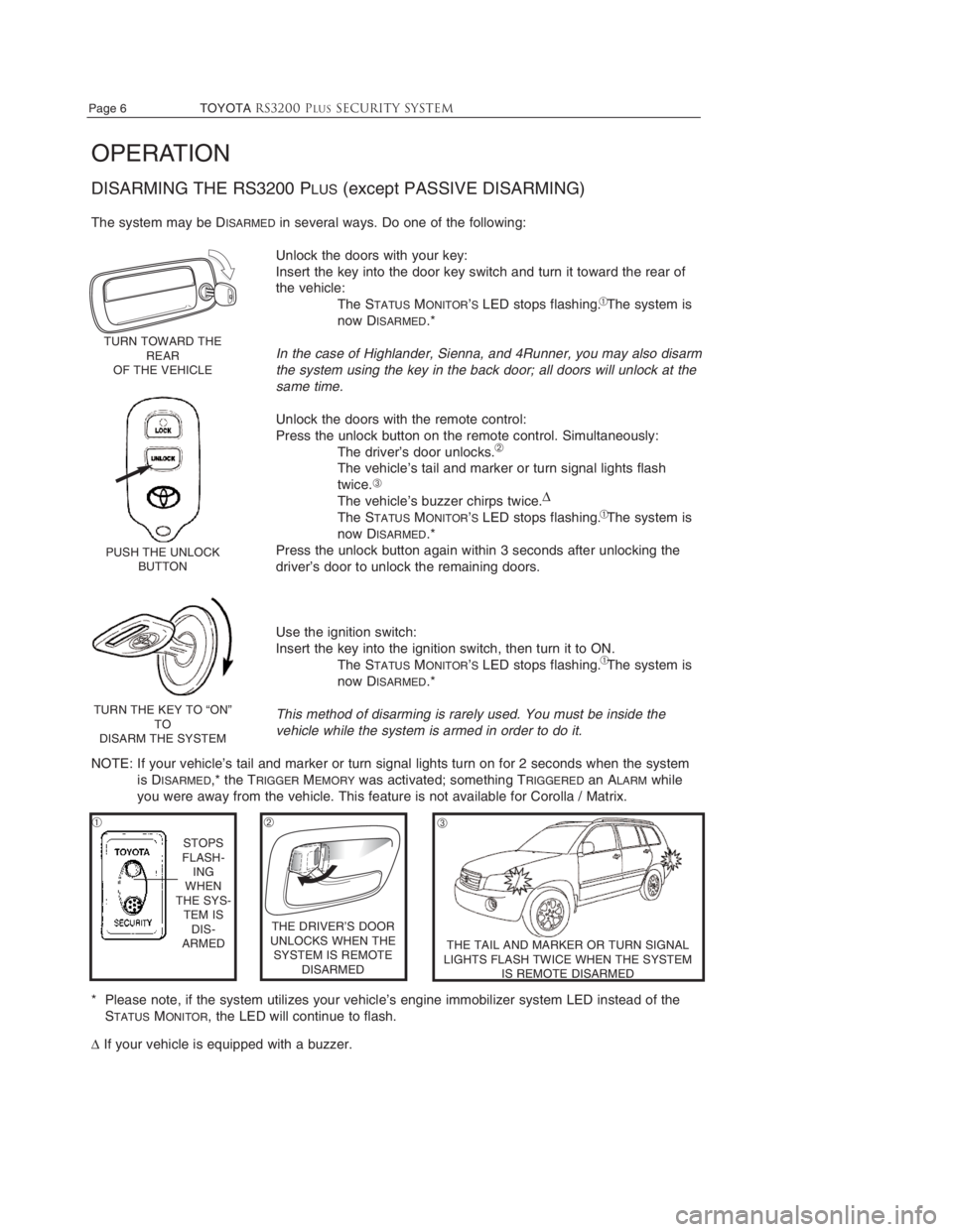 TOYOTA TACOMA 2010 Accessories, Audio & Navigation (in English)
Page 6 TOYOTARS3200 PLUSSecurity system
OPERATION
DISARMING THE RS3200 PLUS(except PASSIVE DISARMING)
The system may be DISARMEDin several ways. Do one of the following:
Unlock the doors with your TOYOTA TACOMA 2010 Accessories, Audio & Navigation (in English)
Page 6 TOYOTARS3200 PLUSSecurity system
OPERATION
DISARMING THE RS3200 PLUS(except PASSIVE DISARMING)
The system may be DISARMEDin several ways. Do one of the following:
Unlock the doors with your