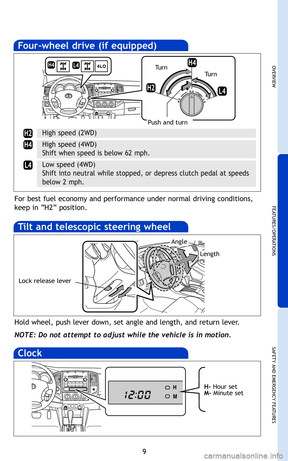 TOYOTA TACOMA 2011   (in English) User Guide 9
OVERVIEW
FEATURES/OPERATIONS
SAFETY AND EMERGENCY FEATURES
Tilt and telescopic steering wheel
Hold wheel, push lever down, set angle and length, and return lever.
NOTE: Do not attempt to adjust whil