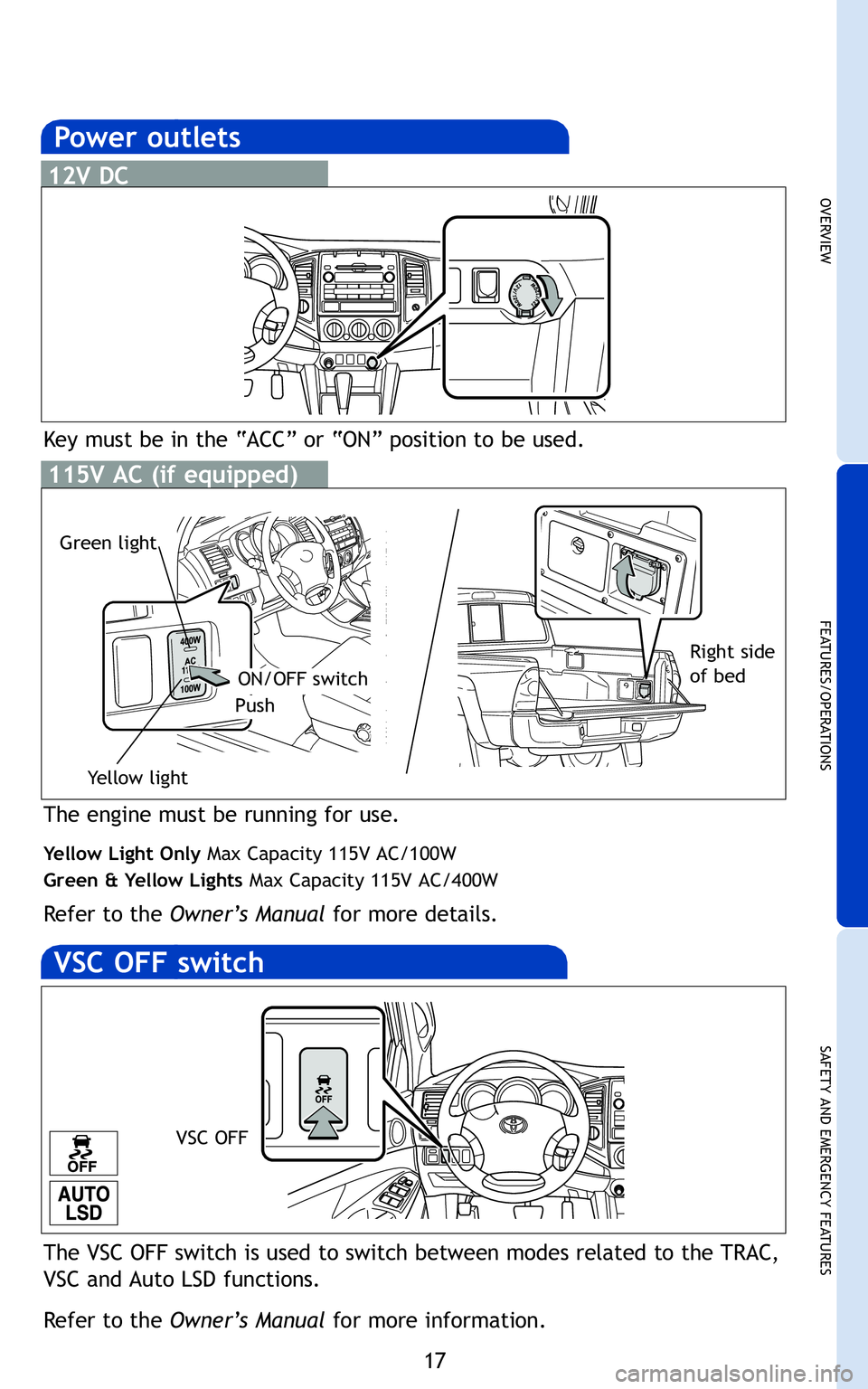 TOYOTA TACOMA 2011   (in English) User Guide 17
OVERVIEW
FEATURES/OPERATIONS
SAFETY AND EMERGENCY FEATURES
VSC OFF
The VSC OFF switch is used to switch between modes related to the TRAC,
VSC and Auto LSD functions.
Refer to the Owner’s Manual 