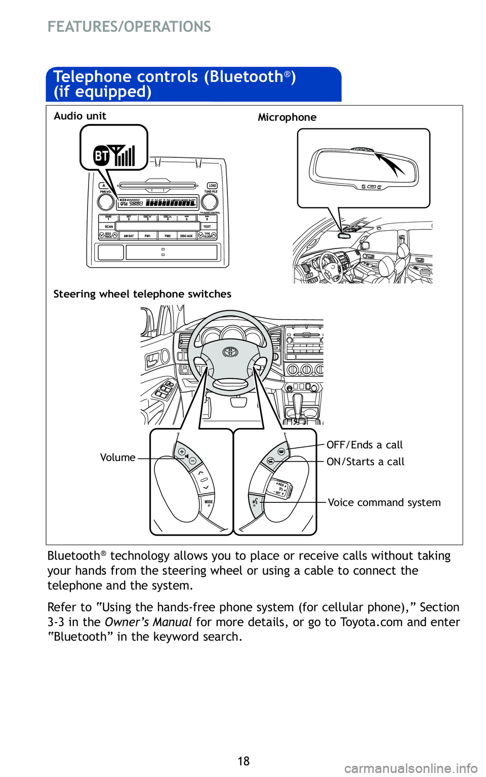 TOYOTA TACOMA 2011 Owners Manual (in English) 18
FEATURES/OPERATIONS
Bluetooth®technology allows you to place or receive calls without taking
your hands from the steering wheel or using a cable to connect the
telephone and the system.
Refer to TOYOTA TACOMA 2011 Owners Manual (in English) 18
FEATURES/OPERATIONS
Bluetooth®technology allows you to place or receive calls without taking
your hands from the steering wheel or using a cable to connect the
telephone and the system.
Refer to