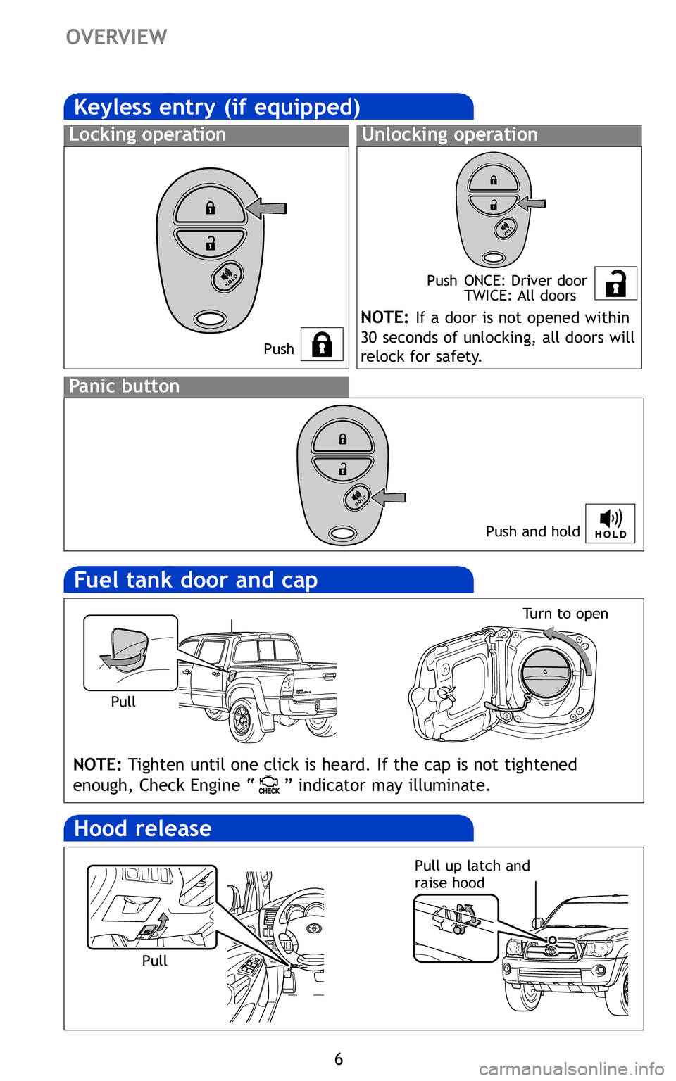 TOYOTA TACOMA 2011 Owners Manual (in English) 6
OVERVIEW
Fuel tank door and cap
Hood release
NOTE:Tighten until one click is heard. If the cap is not tightened
enough, Check Engine “ ” indicator may illuminate.
Pull up latch and
raise hood Tu TOYOTA TACOMA 2011 Owners Manual (in English) 6
OVERVIEW
Fuel tank door and cap
Hood release
NOTE:Tighten until one click is heard. If the cap is not tightened
enough, Check Engine “ ” indicator may illuminate.
Pull up latch and
raise hood Tu