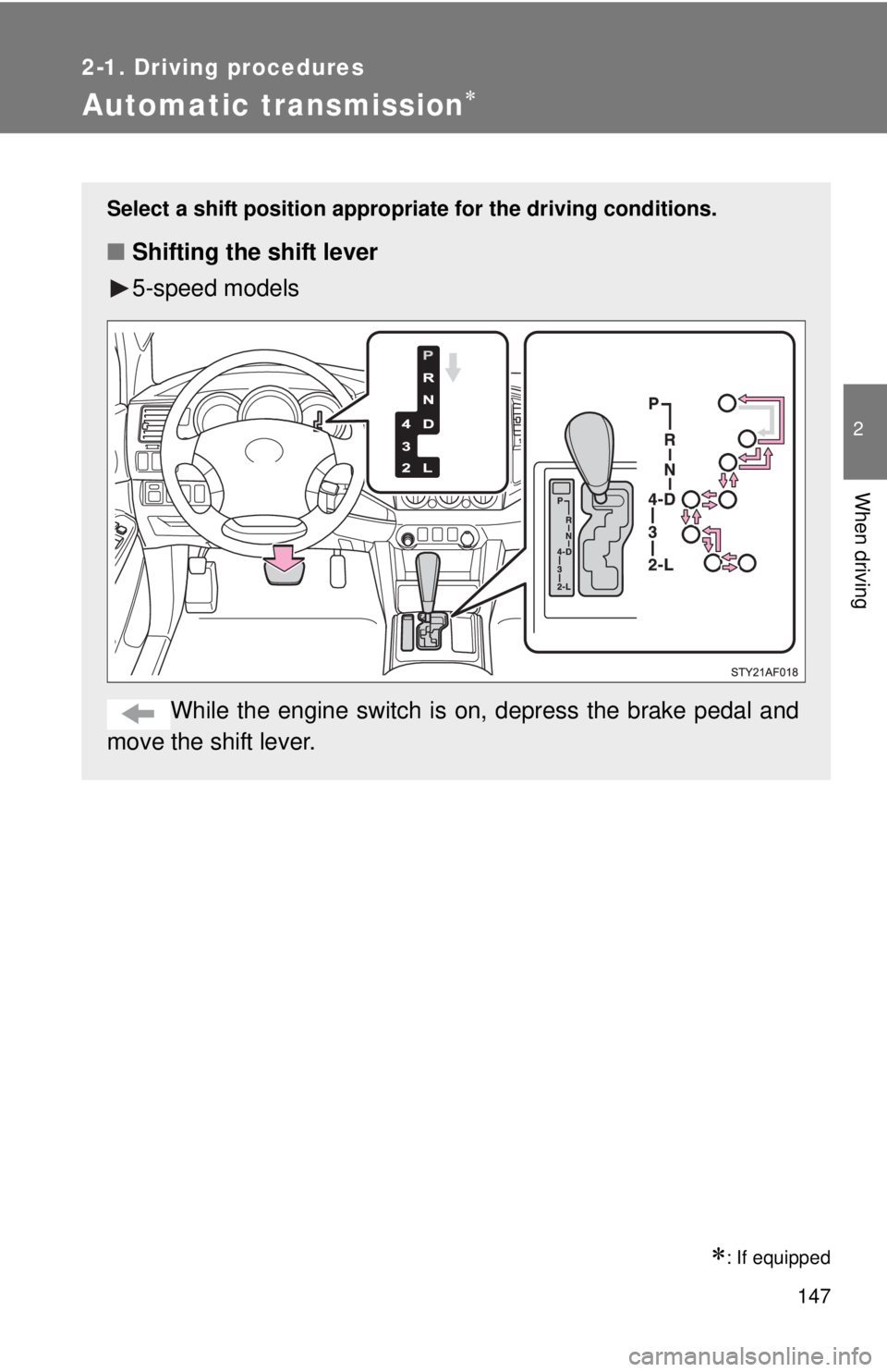 TOYOTA TACOMA 2011 Owners Manual (in English) 147
2-1. Driving procedures
2
When driving
Automatic transmission
: If equipped
Select a shift position appropriate for the driving conditions.
■Shifting the shift lever
5-speed models
While t TOYOTA TACOMA 2011 Owners Manual (in English) 147
2-1. Driving procedures
2
When driving
Automatic transmission
: If equipped
Select a shift position appropriate for the driving conditions.
■Shifting the shift lever
5-speed models
While t