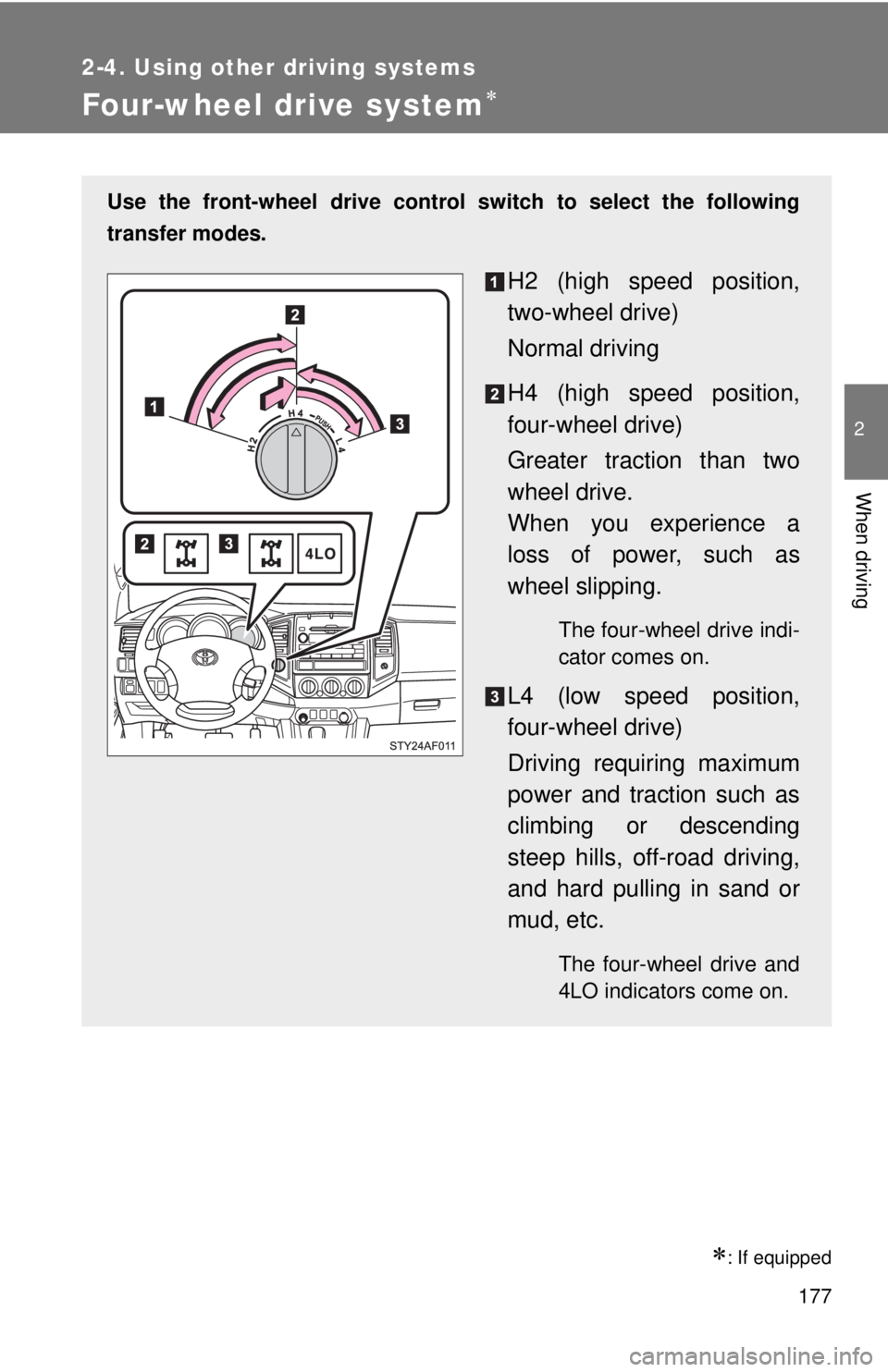 TOYOTA TACOMA 2011 Owners Manual (in English) 177
2-4. Using other driving systems
2
When driving
Four-wheel drive system
: If equipped
Use the front-wheel drive control switch to select the following
transfer modes.
H2 (high speed position TOYOTA TACOMA 2011 Owners Manual (in English) 177
2-4. Using other driving systems
2
When driving
Four-wheel drive system
: If equipped
Use the front-wheel drive control switch to select the following
transfer modes.
H2 (high speed position