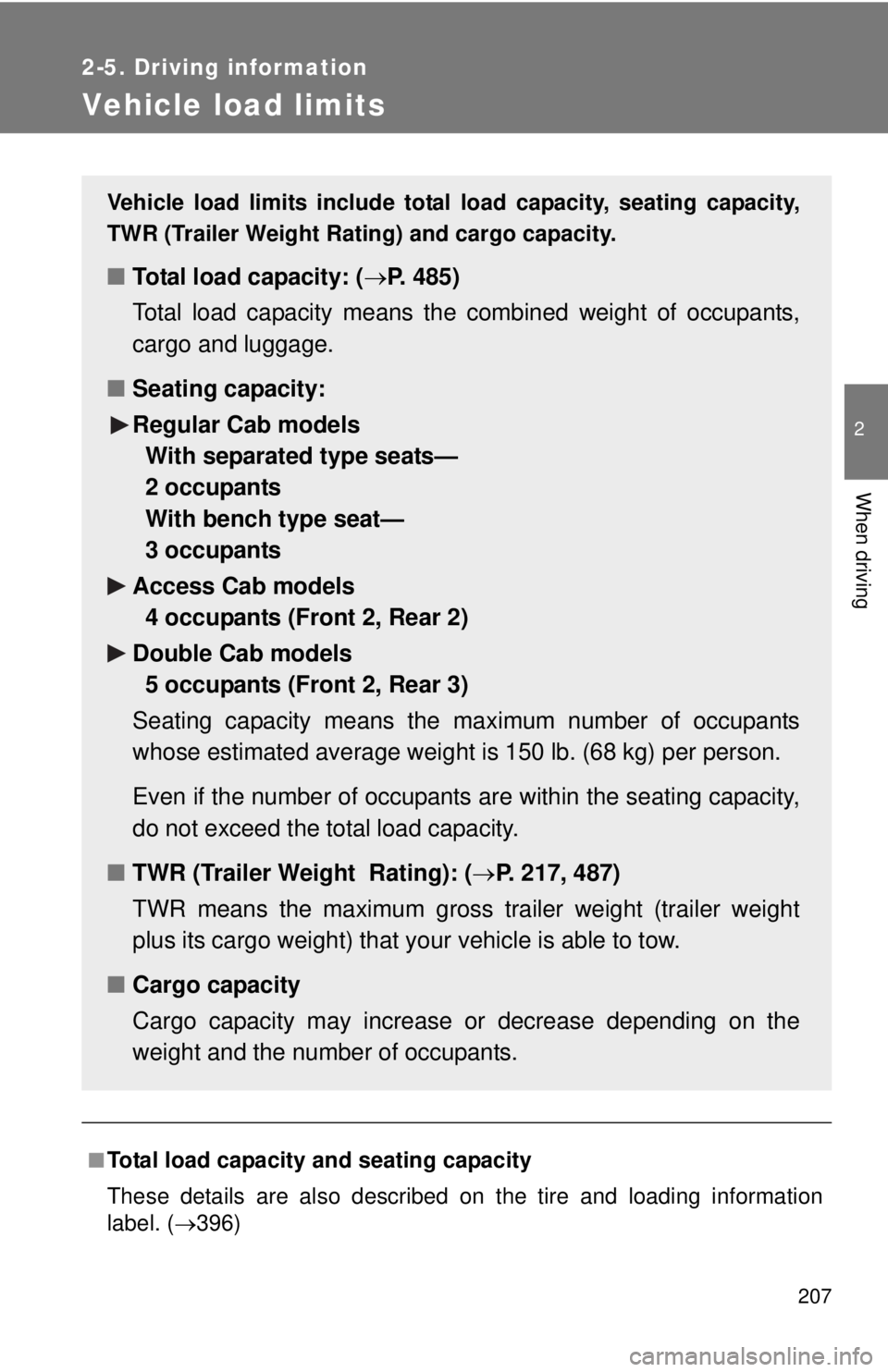TOYOTA TACOMA 2011 Owners Manual (in English) 207
2-5. Driving information
2
When driving
Vehicle load limits
■Total load capacity and seating capacity
These details are also described on the tire and loading information
label. (396)
Vehicle TOYOTA TACOMA 2011 Owners Manual (in English) 207
2-5. Driving information
2
When driving
Vehicle load limits
■Total load capacity and seating capacity
These details are also described on the tire and loading information
label. (396)
Vehicle