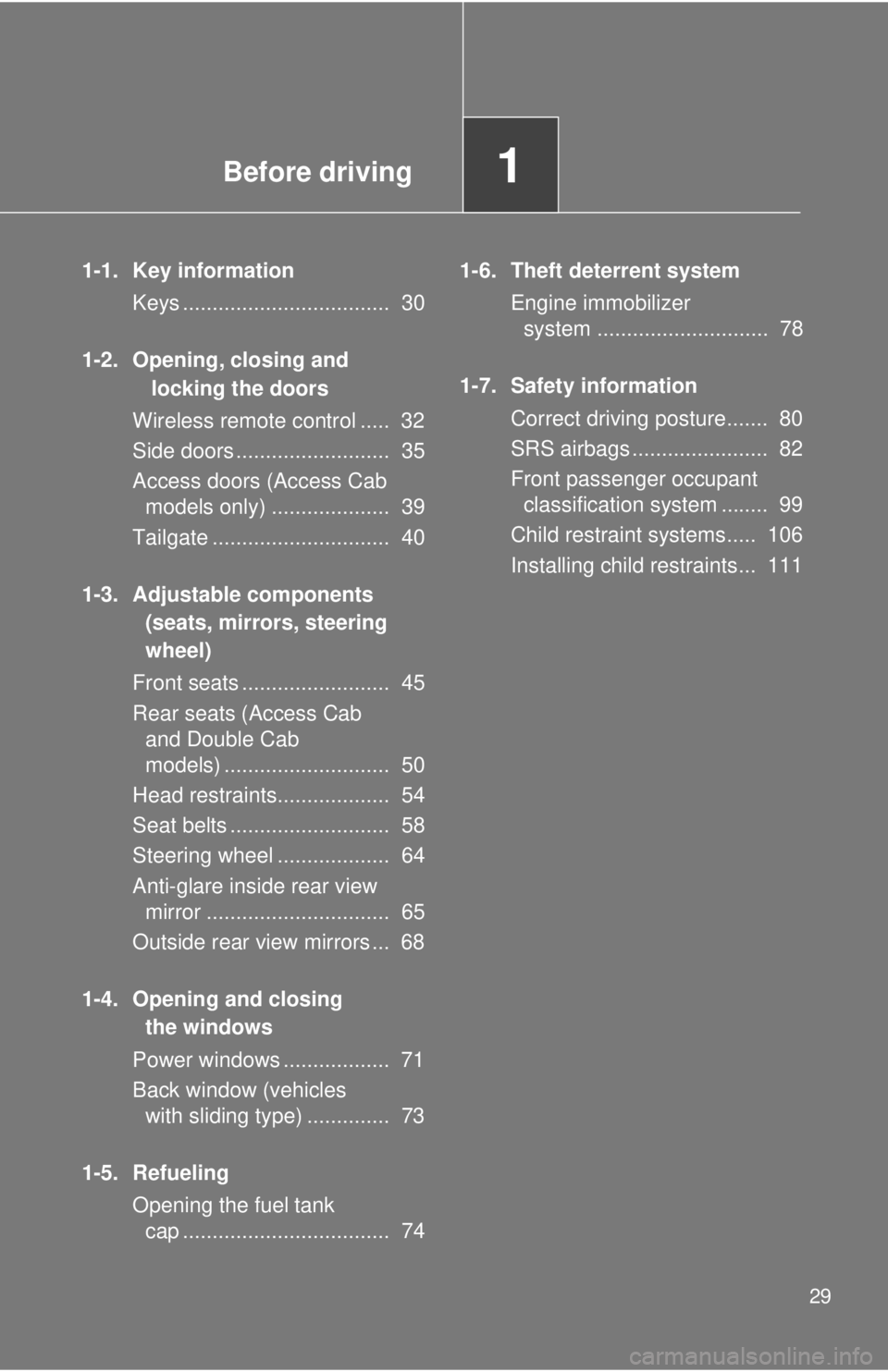 TOYOTA TACOMA 2011   (in English) Owners Manual Before driving1
29
1-1. Key informationKeys ...................................  30
1-2. Opening, closing and  locking the doors
Wireless remote control .....  32
Side doors ..........................