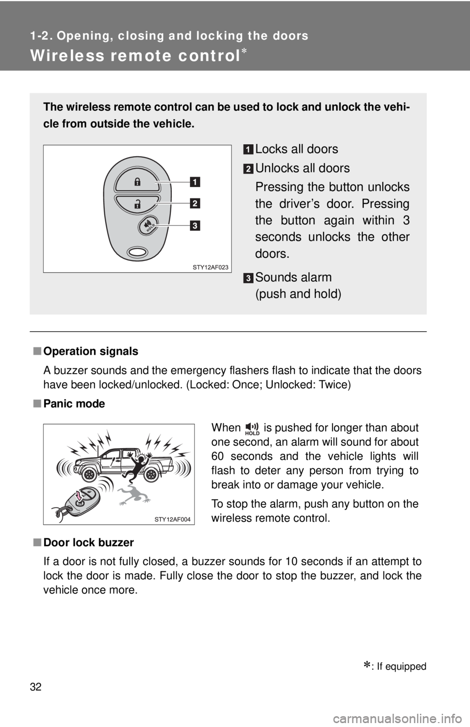 TOYOTA TACOMA 2011  Owners Manual (in English) 32
1-2. Opening, closing and locking the doors
Wireless remote control
: If equipped
■Operation signals
A buzzer sounds and the emergency flashers flash to indicate that the doors
have been lo