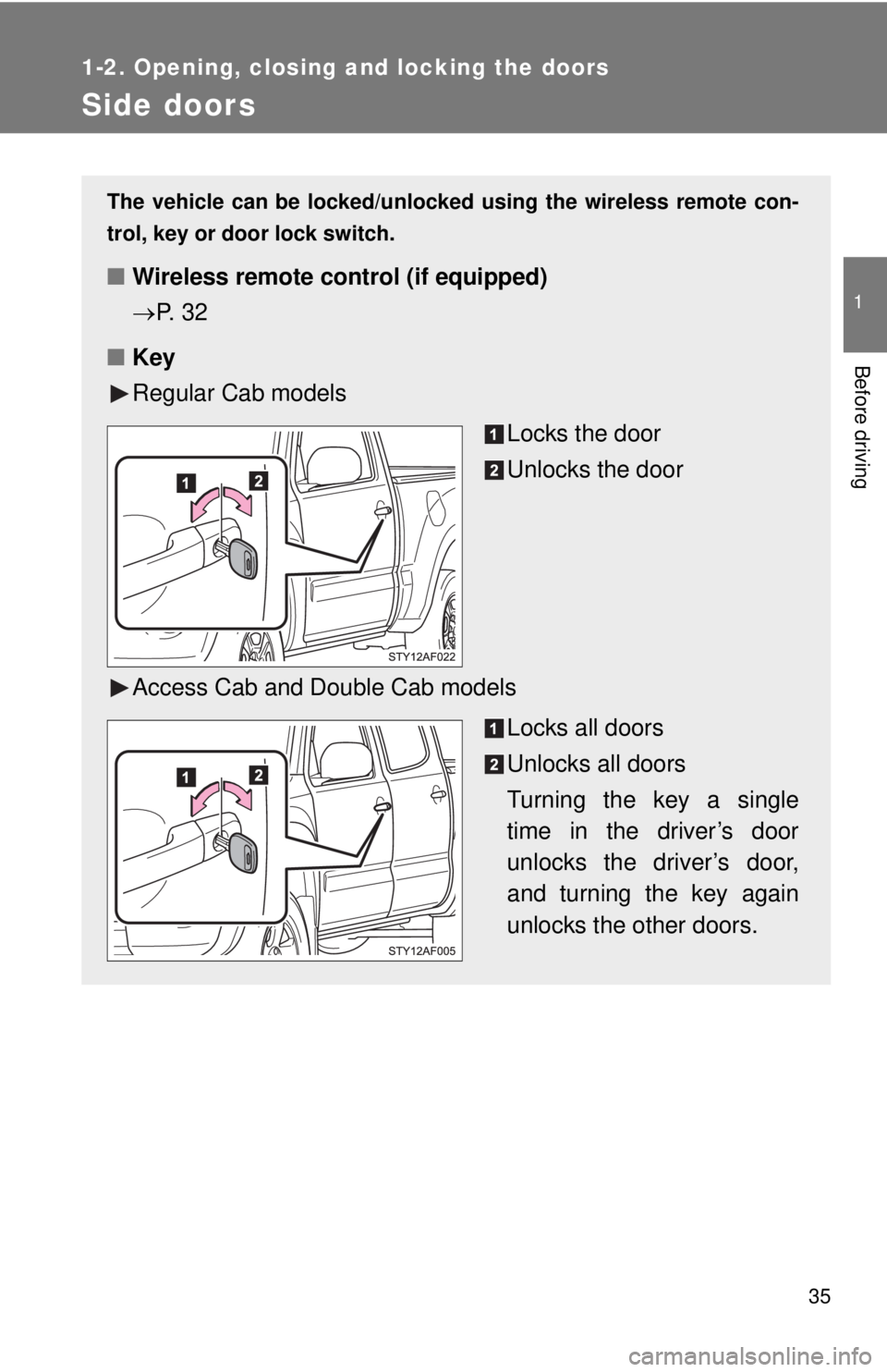 TOYOTA TACOMA 2011 (in English) Owners Guide 35
1
1-2. Opening, closing and locking the doors
Before driving
Side doors
The vehicle can be locked/unlocked using the wireless remote con-
trol, key or door lock switch.
■ Wireless remote control TOYOTA TACOMA 2011 (in English) Owners Guide 35
1
1-2. Opening, closing and locking the doors
Before driving
Side doors
The vehicle can be locked/unlocked using the wireless remote con-
trol, key or door lock switch.
■ Wireless remote control