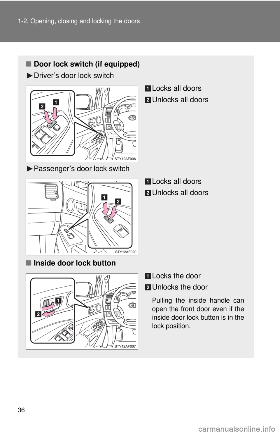 TOYOTA TACOMA 2011  Owners Manual (in English) 36 1-2. Opening, closing and locking the doors
■Door lock switch (if equipped)
Driver’s door lock switch
Locks all doors
Unlocks all doors
Passenger’s door lock switch Locks all doors
Unlocks al