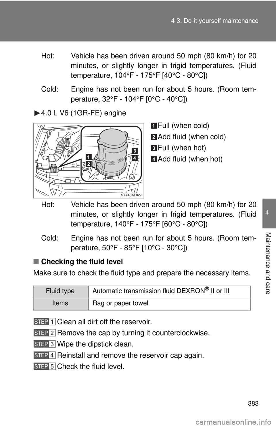TOYOTA TACOMA 2011 Owners Manual (in English) 383
4-3. Do-it-yourself maintenance
4
Maintenance and care
Hot: Vehicle has been driven around 50 mph (80 km/h) for 20
minutes, or slightly longer in frigid temperatures. (Fluid
temperature, 104°F - TOYOTA TACOMA 2011 Owners Manual (in English) 383
4-3. Do-it-yourself maintenance
4
Maintenance and care
Hot: Vehicle has been driven around 50 mph (80 km/h) for 20
minutes, or slightly longer in frigid temperatures. (Fluid
temperature, 104°F -