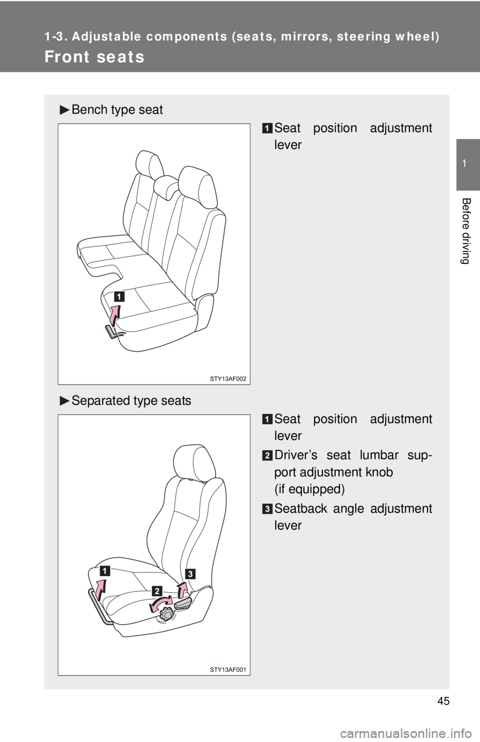 TOYOTA TACOMA 2011   (in English) Service Manual 45
1
Before driving
1-3. Adjustable components (seats, mirrors, steering wheel)
Front seats
Bench type seat
Seat position adjustment
lever
Separated type seats Seat position adjustment
lever
Driver’