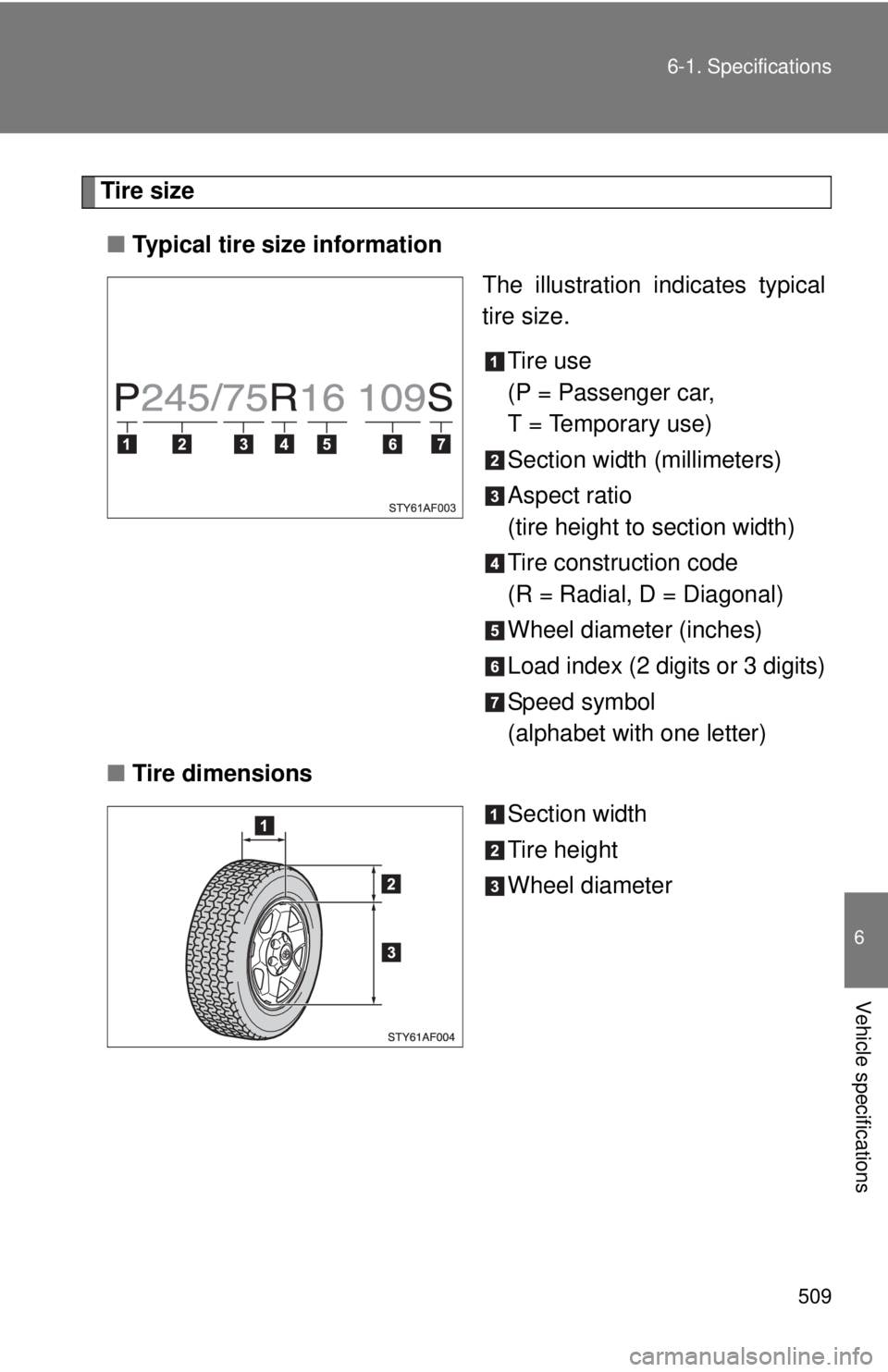 TOYOTA TACOMA 2011  Owners Manual (in English) 509
6-1. Specifications
6
Vehicle specifications
Tire size
■ Typical tire size information
The illustration indicates typical
tire size.
Tire use
(P = Passenger car,
T = Temporary use)
Section width