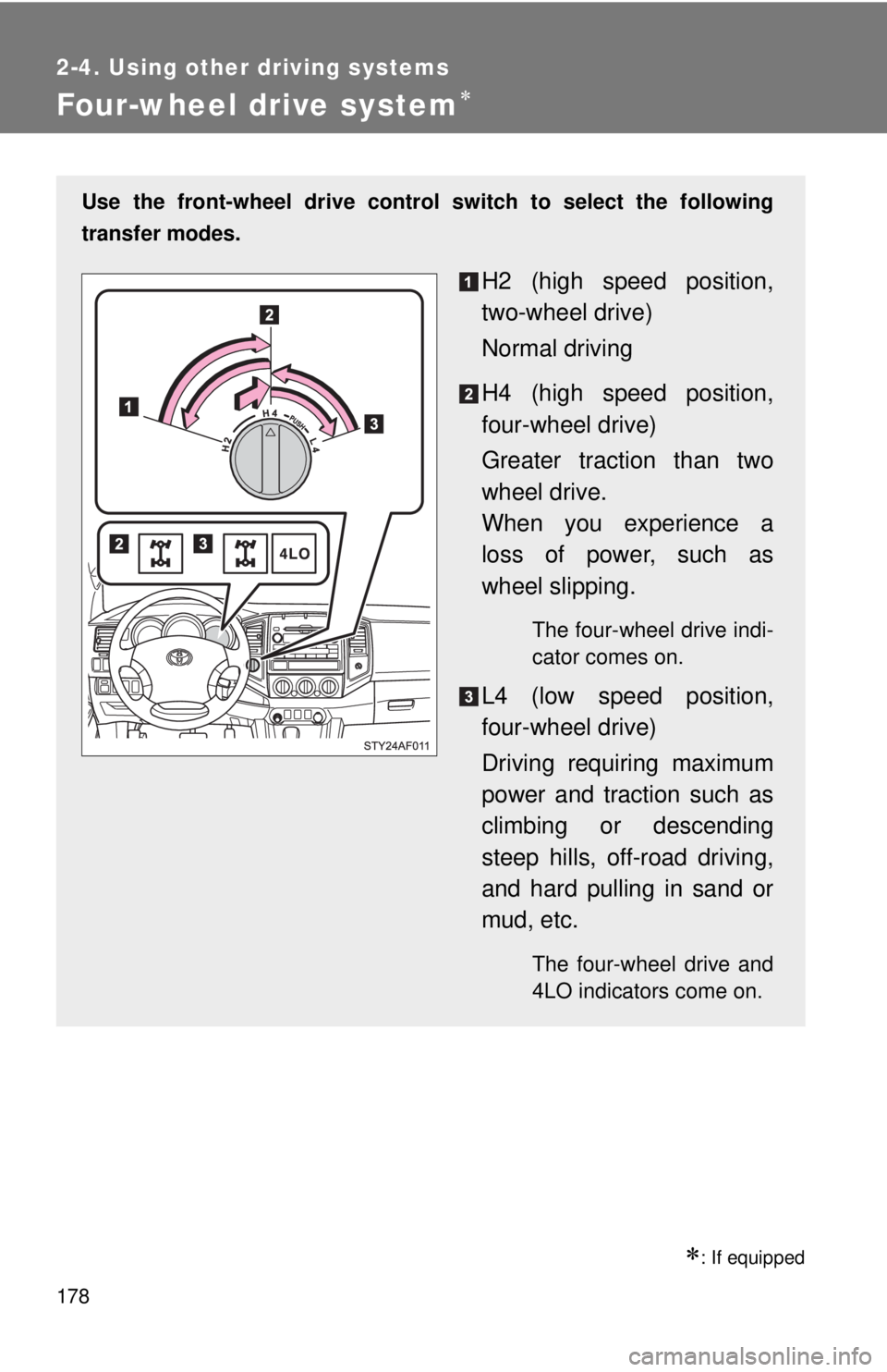 TOYOTA TACOMA 2011 Owners Manual (in English) 178
2-4. Using other driving systems
Four-wheel drive system
: If equipped
Use the front-wheel drive control switch to select the following
transfer modes.
H2 (high speed position,
two-wheel dri TOYOTA TACOMA 2011 Owners Manual (in English) 178
2-4. Using other driving systems
Four-wheel drive system
: If equipped
Use the front-wheel drive control switch to select the following
transfer modes.
H2 (high speed position,
two-wheel dri