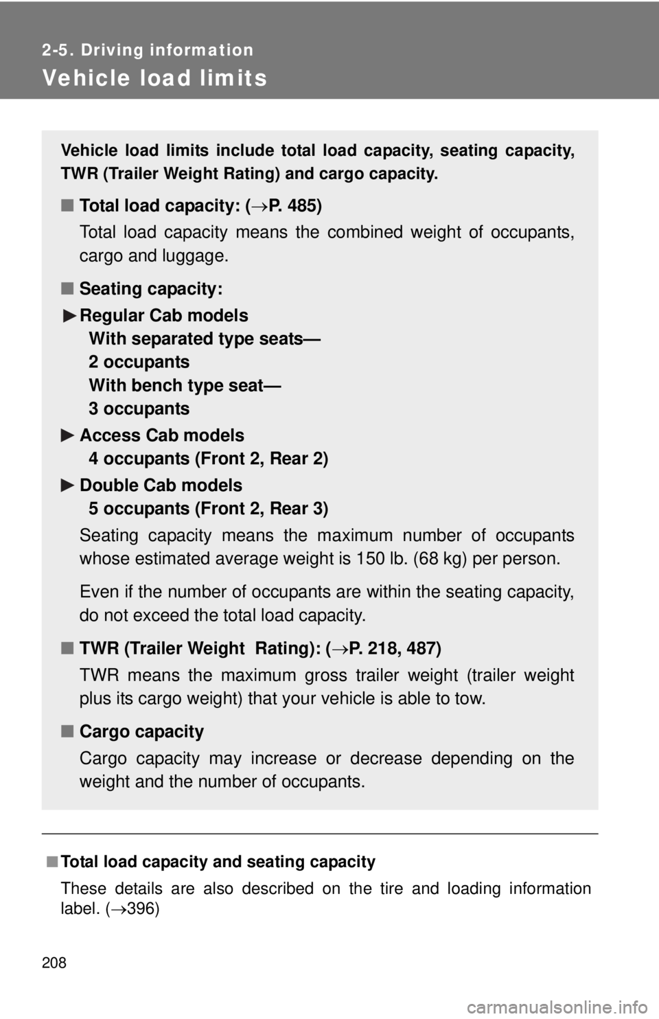 TOYOTA TACOMA 2011 Owners Manual (in English) 208
2-5. Driving information
Vehicle load limits
■Total load capacity and seating capacity
These details are also described on the tire and loading information
label. (396)
Vehicle load limits in TOYOTA TACOMA 2011 Owners Manual (in English) 208
2-5. Driving information
Vehicle load limits
■Total load capacity and seating capacity
These details are also described on the tire and loading information
label. (396)
Vehicle load limits in